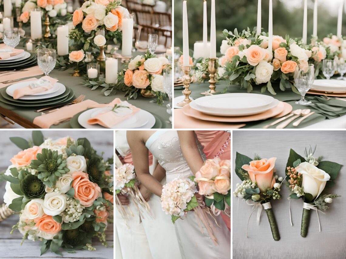 A photo collage of peach, army green, and cream wedding color ideas.