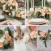 A photo collage of peach, army green, and cream wedding color ideas.