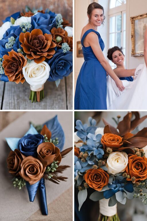 A photo collage of cognac and blue wedding color ideas.