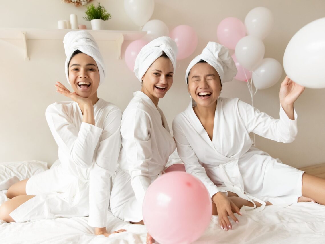 3 bridesmaids at a spa themed bridal shower party.