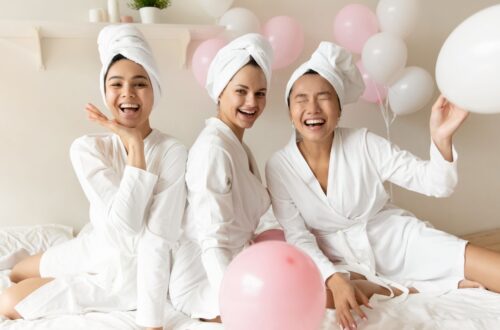 3 bridesmaids at a spa themed bridal shower party.