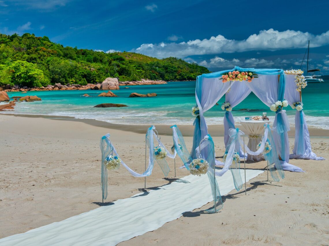 A wedding on a tropical beach front.