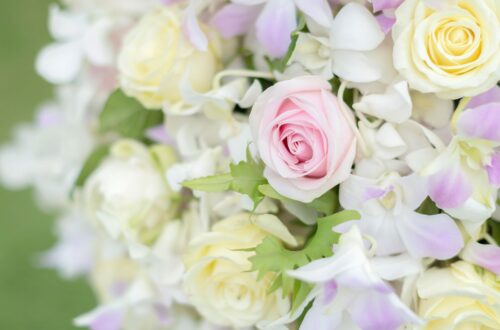 A bouquet of pastel colored flowers.