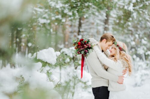 A couple taking wedding photos in the snow.