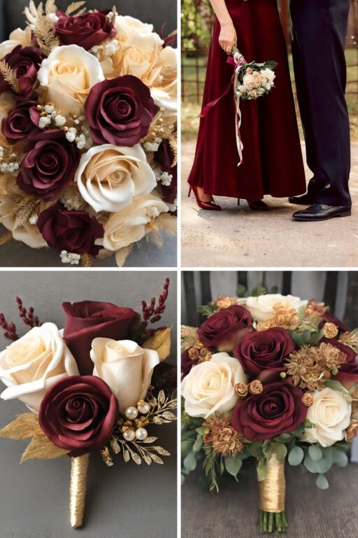 A photo collage of wine red, light rose, and gold wedding color ideas.