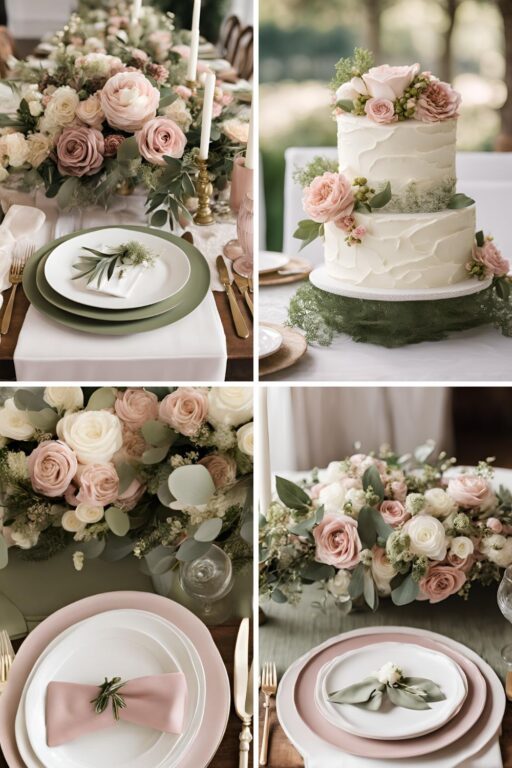 A photo collage of dusty pink, olive green, and ivory wedding color ideas.