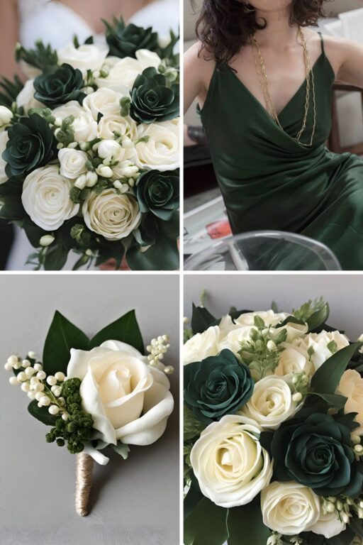 A photo collage of dark green and cream wedding color ideas.