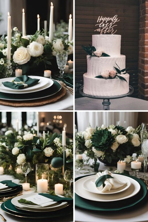 A photo collage of dark green and cream wedding color ideas.