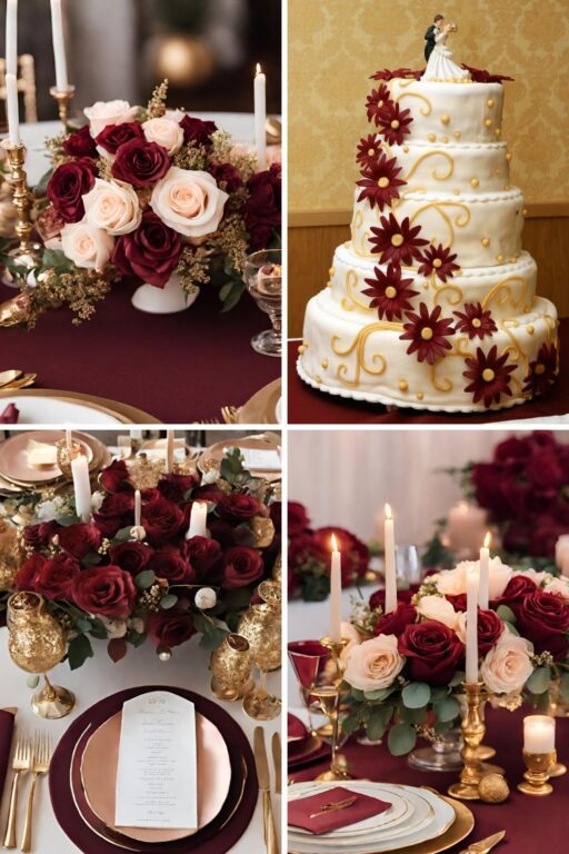 A photo collage of wine red, light rose, and gold wedding color ideas.