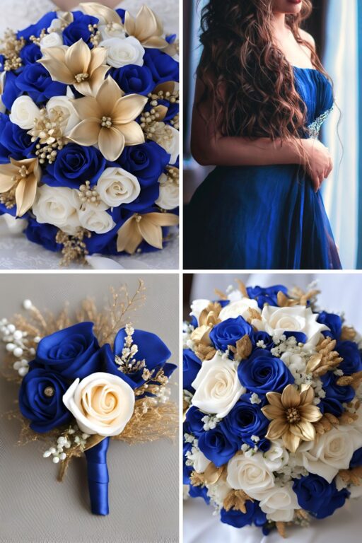 A photo collage of royal blue, champagne gold, and white wedding color ideas.