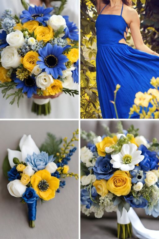 A photo collage of blue, yellow, and white wedding color ideas.