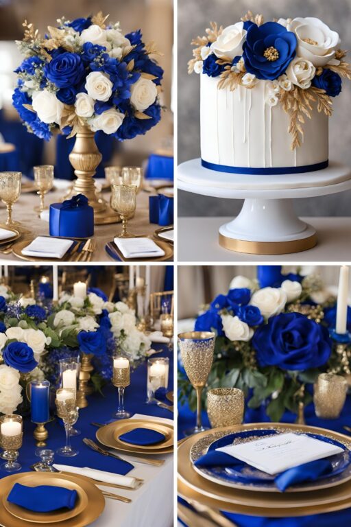 A photo collage of royal blue, champagne gold, and white wedding color ideas.