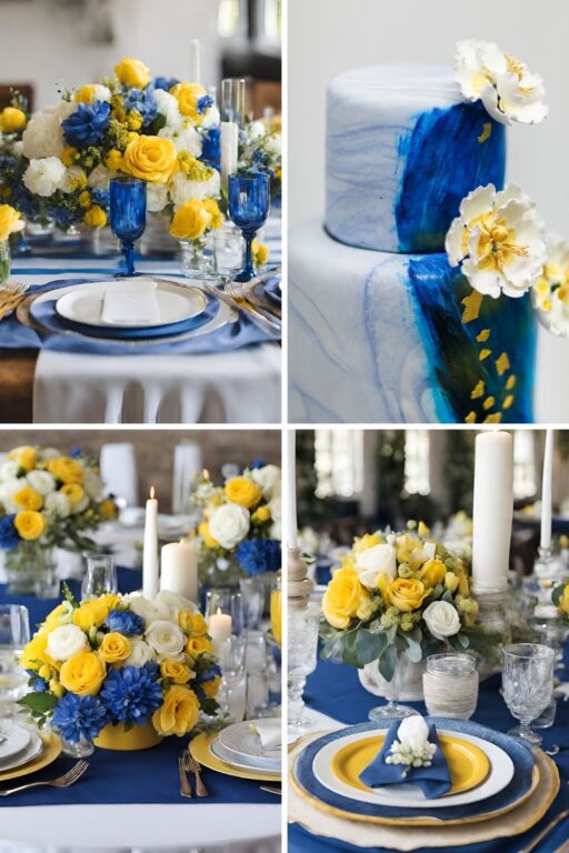 A photo collage of blue, yellow, and white wedding color ideas.