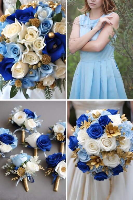 A photo collage of light blue, royal blue, gold, and white wedding color ideas.