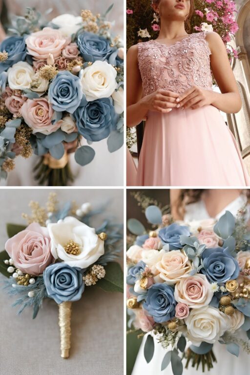 A photo collage of dusty blue, dusty pink, gold, and white wedding color ideas.