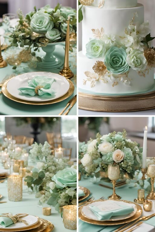 A photo collage of mint green and gold wedding color ideas.