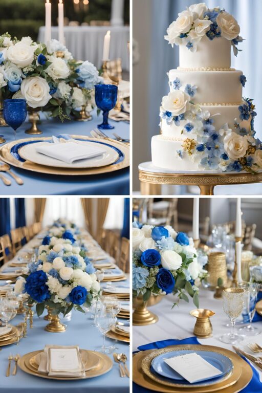 A photo collage of light blue, royal blue, gold, and white wedding color ideas.