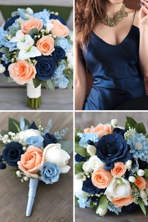 A photo collage of navy blue, sky blue, peach, and white wedding color ideas.