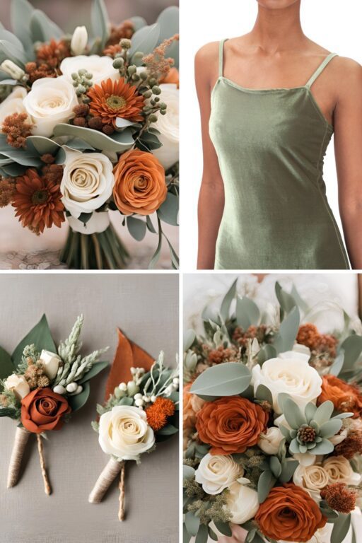 A photo collage of sage green, rust orange, cream, beige, and tan wedding color ideas.