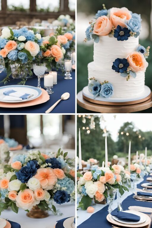 A photo collage of navy blue, sky blue, peach, and white wedding color ideas.