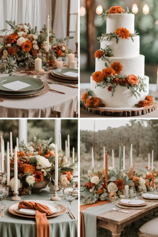 A photo collage of sage green, rust orange, cream, beige, and tan wedding color ideas.