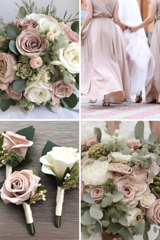 A photo collage of dusty pink, olive green, and ivory wedding color ideas.