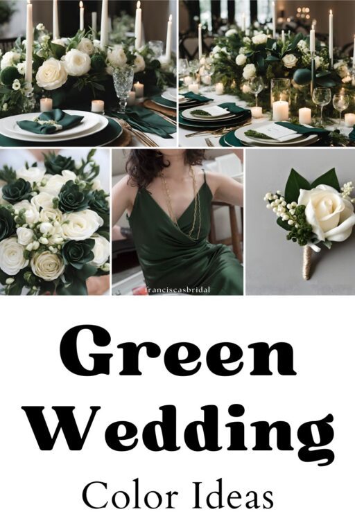 A photo collage of dark green wedding color ideas.