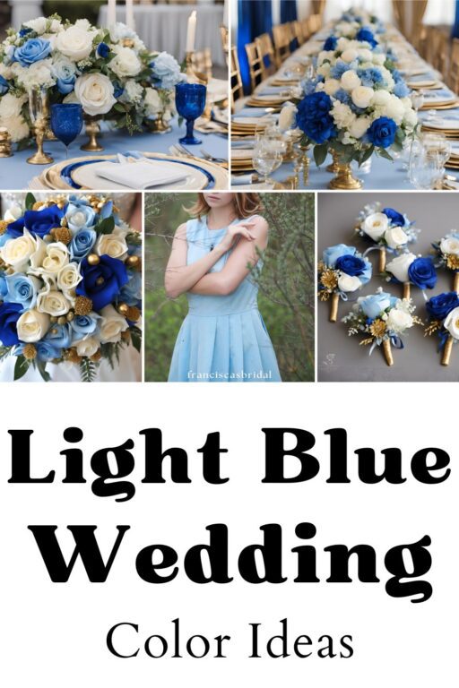 A photo collage pf royal blue and light blue wedding color ideas.