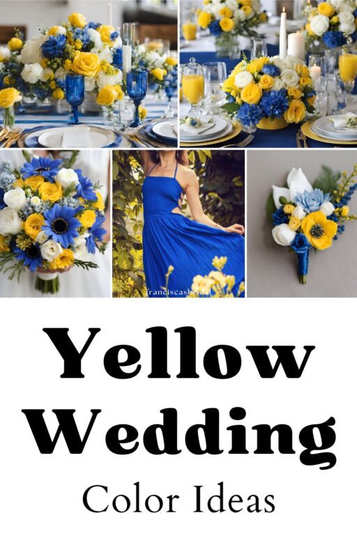 A photo collage of blue and yellow wedding color ideas.