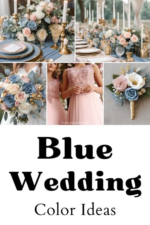 A photo collage of dusty blue and pink wedding.