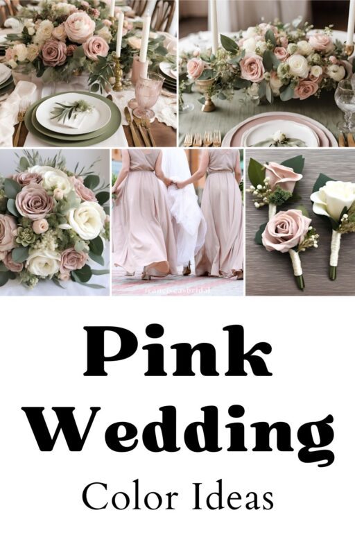 A photo collage of dusty pink and olive wedding color ideas.