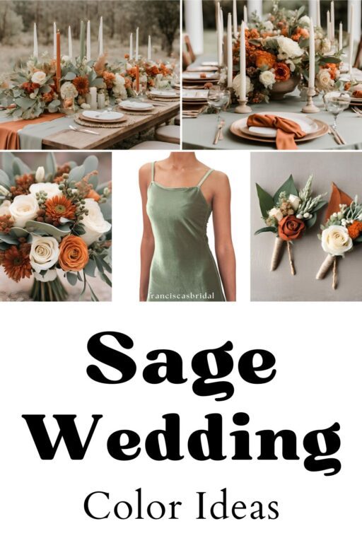 A photo collage of sage green and rust orange wedding color ideas.