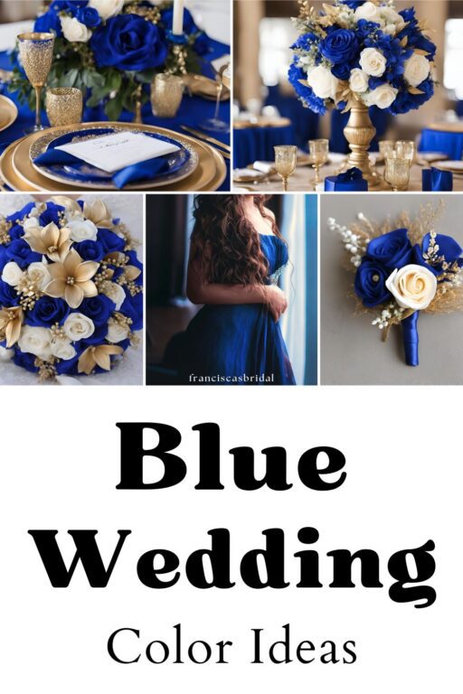 A photo collage of royal blue and champagne wedding color ideas.