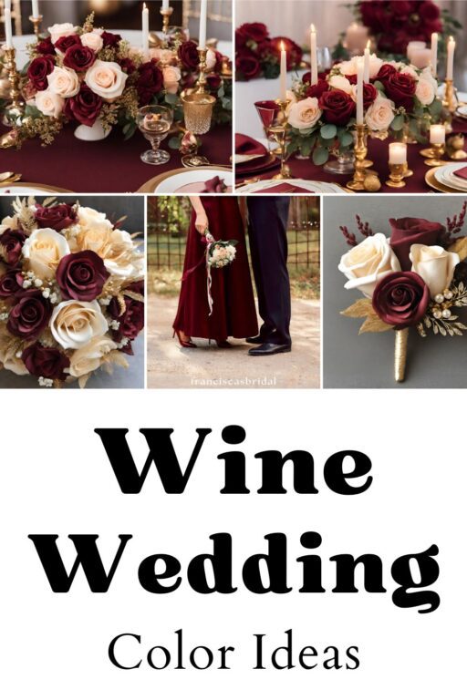 A photo collage of wine red and light rose wedding color ideas.