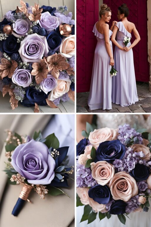 A photo collage of lilac, navy blue, and rose gold wedding color ideas.