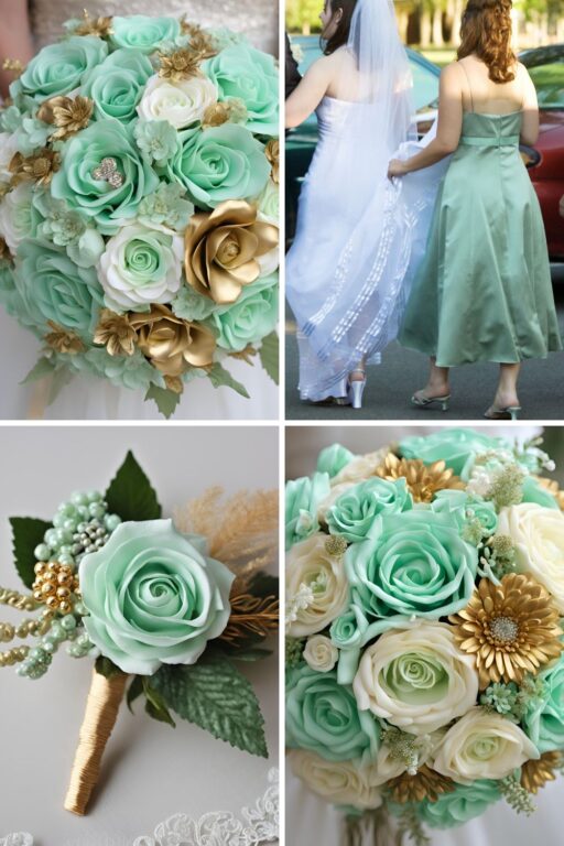 A photo collage of mint green and gold wedding color ideas.