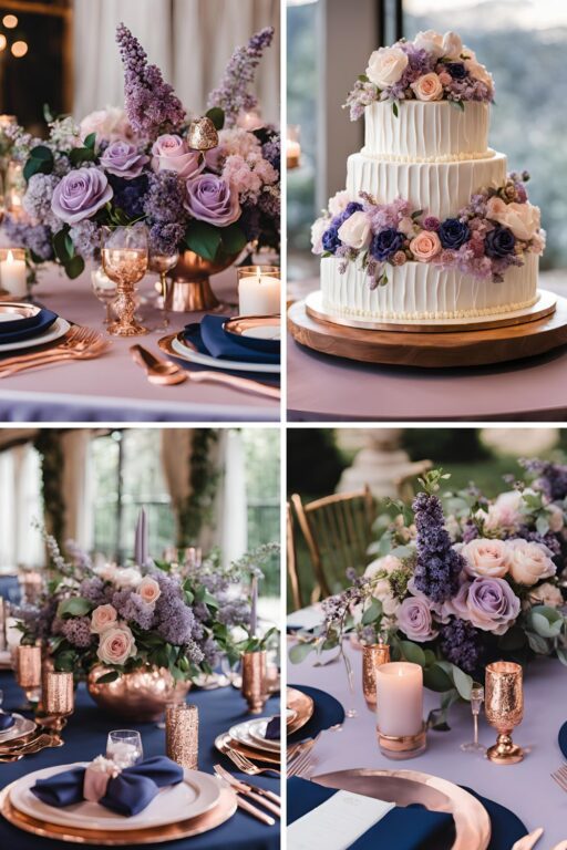 A photo collage of lilac, navy blue, and rose gold wedding color ideas.