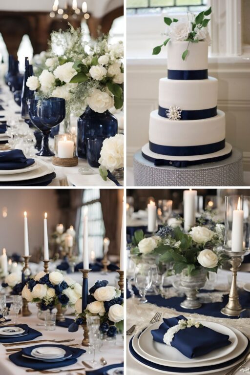 A photo collage of navy and antique white wedding color ideas.