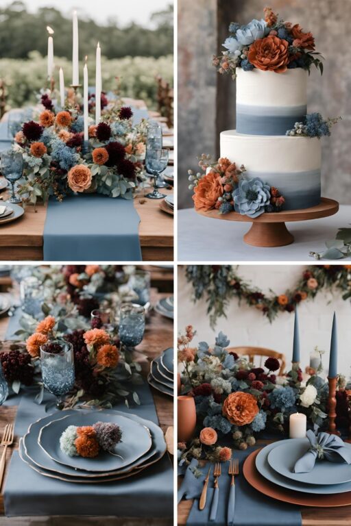 A photo collage of slate blue, terracotta, mulberry, and dusty blue wedding color ideas.