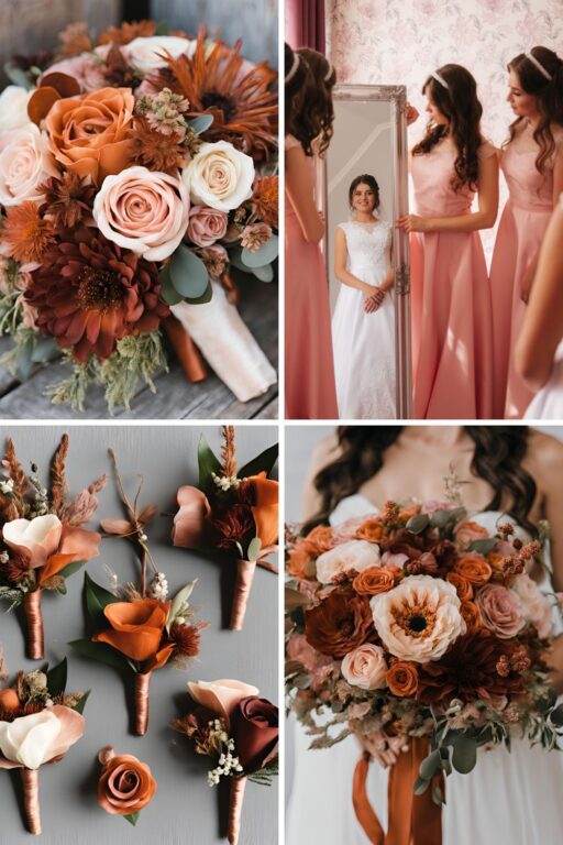 A photo collage of burnt orange, dusty pink, rustic brown wedding color ideas.