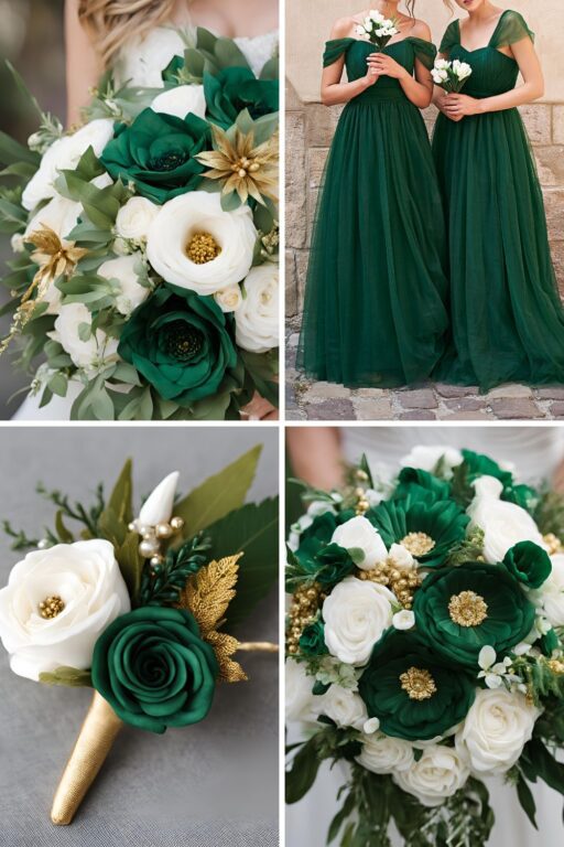 A photo collage of emerald green, gold, and white wedding color ideas.