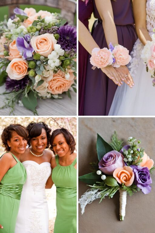 A photo collage of peach, purple, and green wedding color ideas.