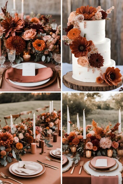 A photo collage of burnt orange, dusty pink, rustic brown wedding color ideas.