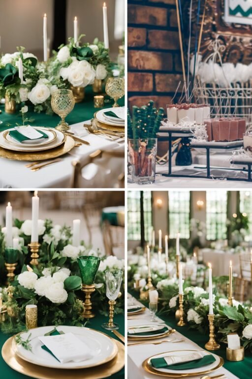 A photo collage of emerald green, gold, and white wedding color ideas.