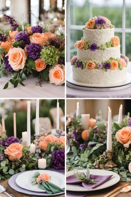 A photo collage of peach, purple, and green wedding color ideas.