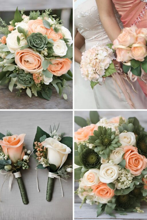 A photo collage of peach, army green, and cream wedding color ideas.