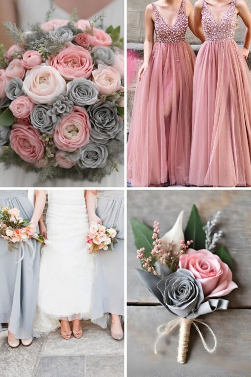 A photo collage of pink and grey wedding color ideas with rustic accents.