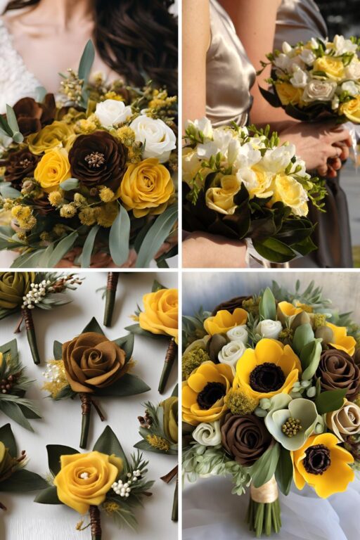 A photo collage of mustard yellow, olive green, and coffee brown wedding color ideas.