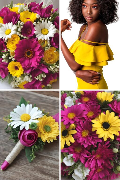 A photo collage of daisy yellow and fuchsia pink wedding color ideas.