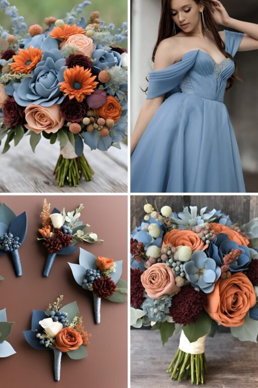 A photo collage of slate blue, terracotta, mulberry, and dusty blue wedding color ideas.